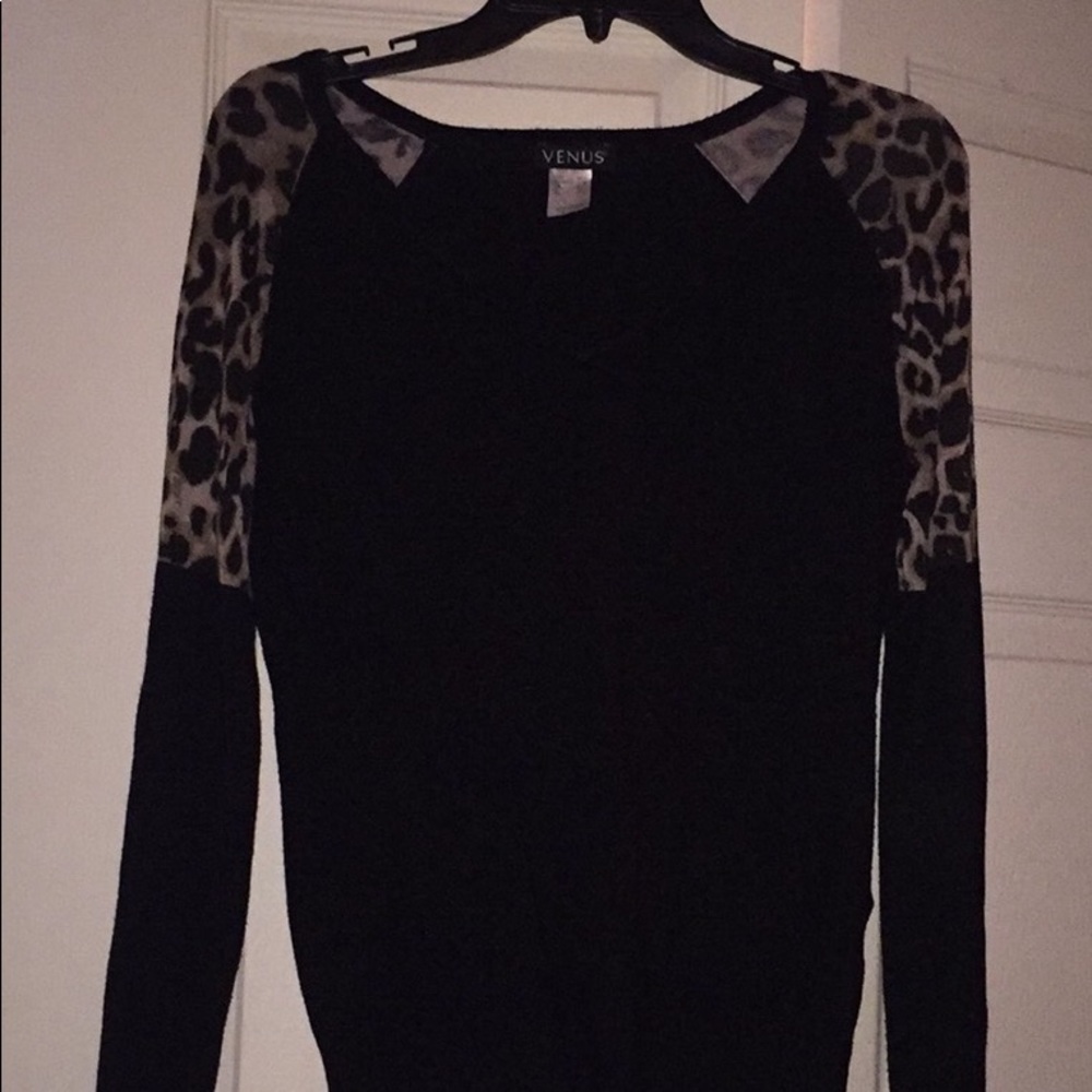 Sweater - black with leopard on half of sleeve